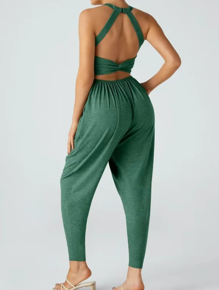 🔥💝Women's Backless Twisted U-Neck Harem Jumpsuit with Pockets