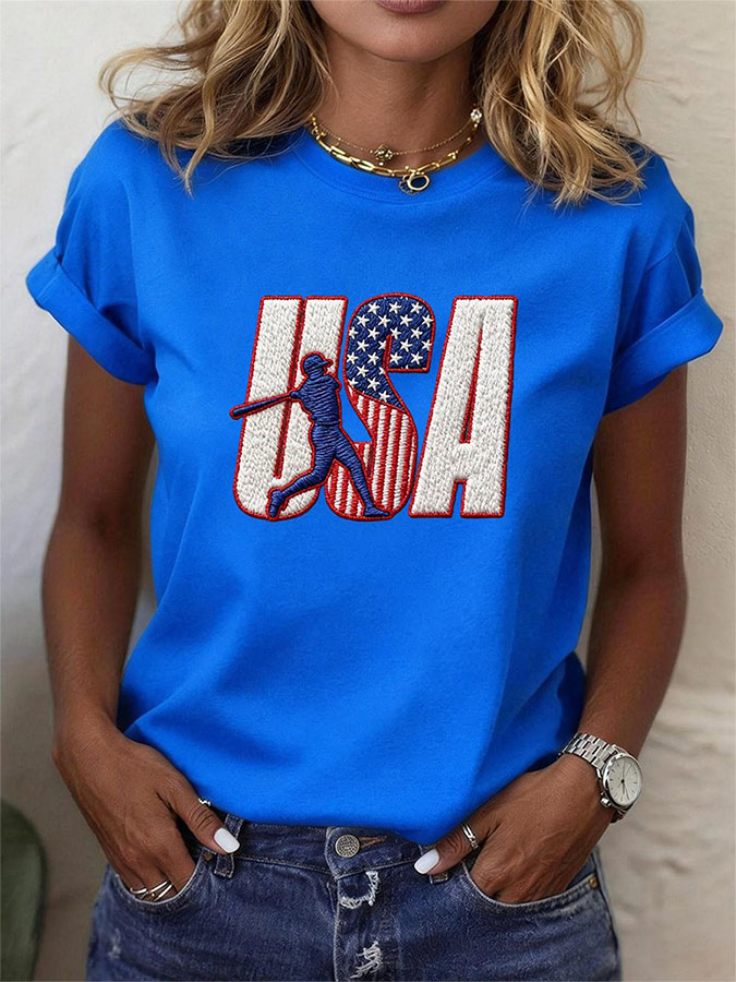 Women's Classic American Baseball Event Printed Round Neck Short Sleeve T-shirt