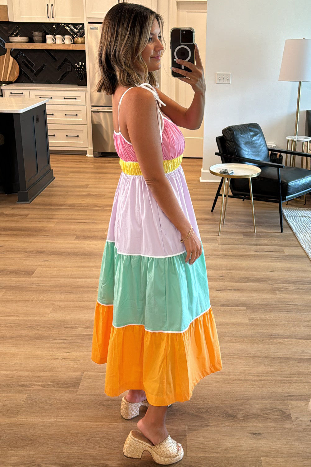 Multicolour Colorblock Self-Tie Straps High Waist Flowy Maxi Dress With Pockets