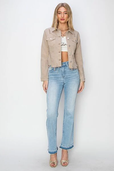 Full Size Raw Hem Button Up Cropped Denim Jacket Plus Size