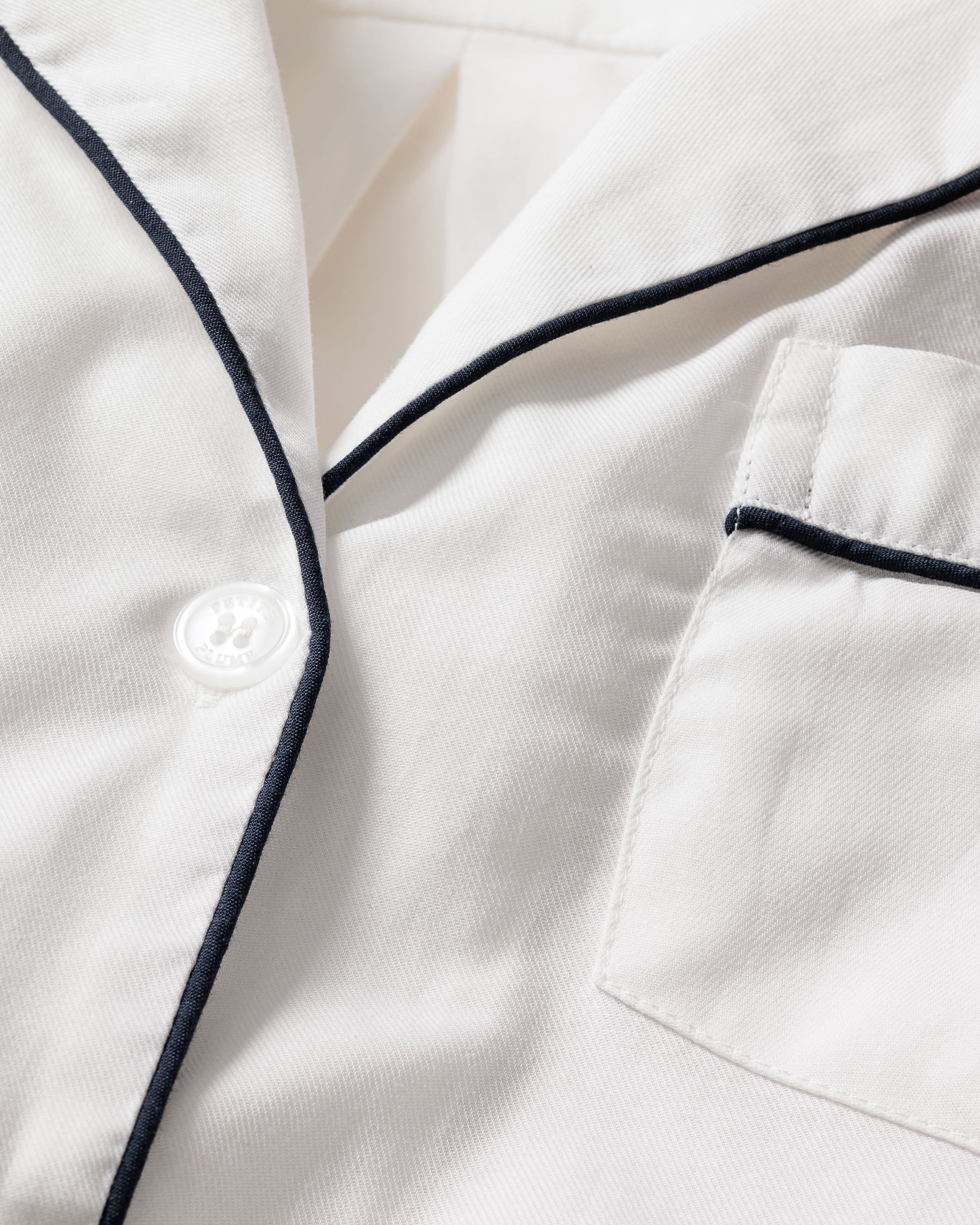 Kid's Twill Pajama Short Set in White with Navy Piping