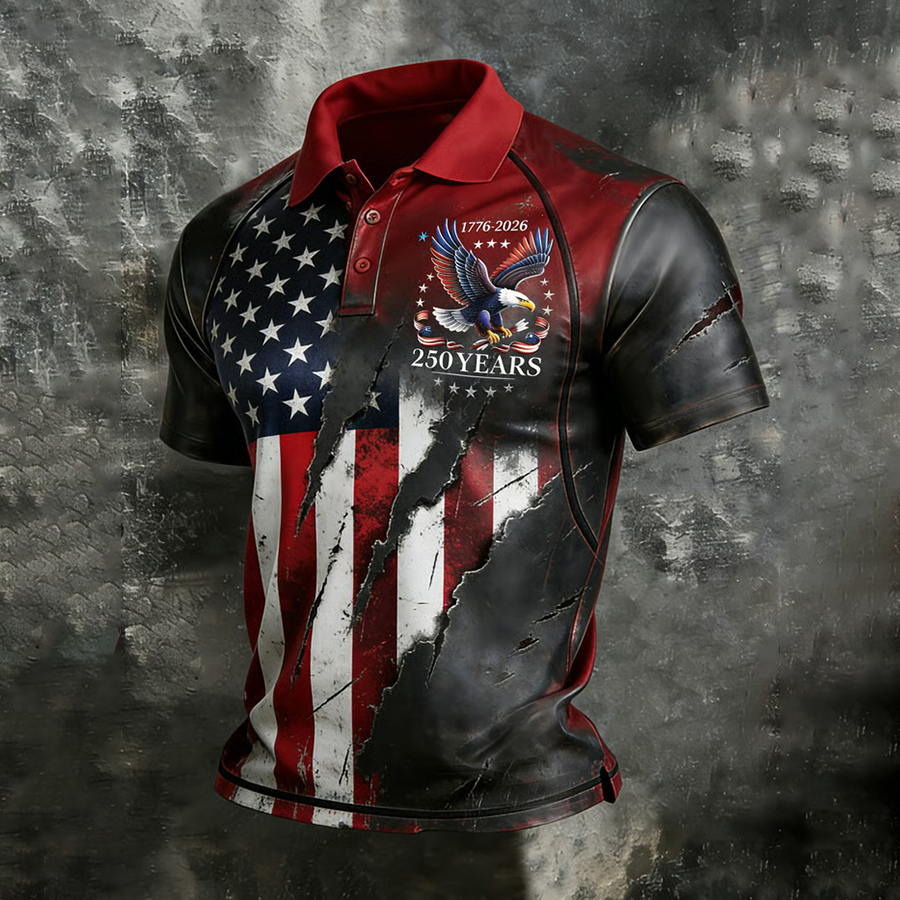 Men'S Retro American Founding Celebration Striped Raglan Polo Shirt