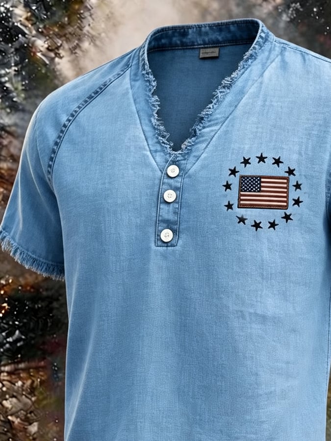 Men's Vintage Washed Denim Henley T-Shirt, Frayed Raw Edge American Flag Star Embroidered V-Neck Short Sleeve Casual Top