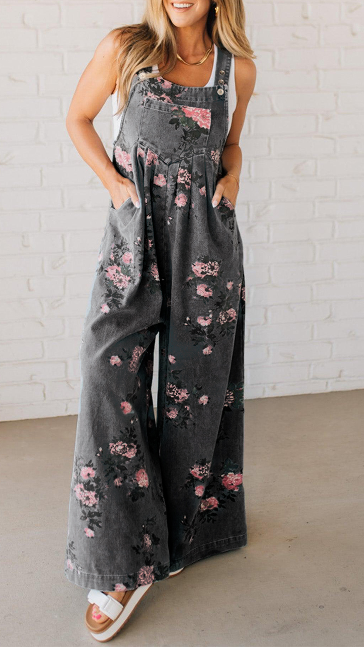 Women's Printed Pocket Casual Denim Overalls