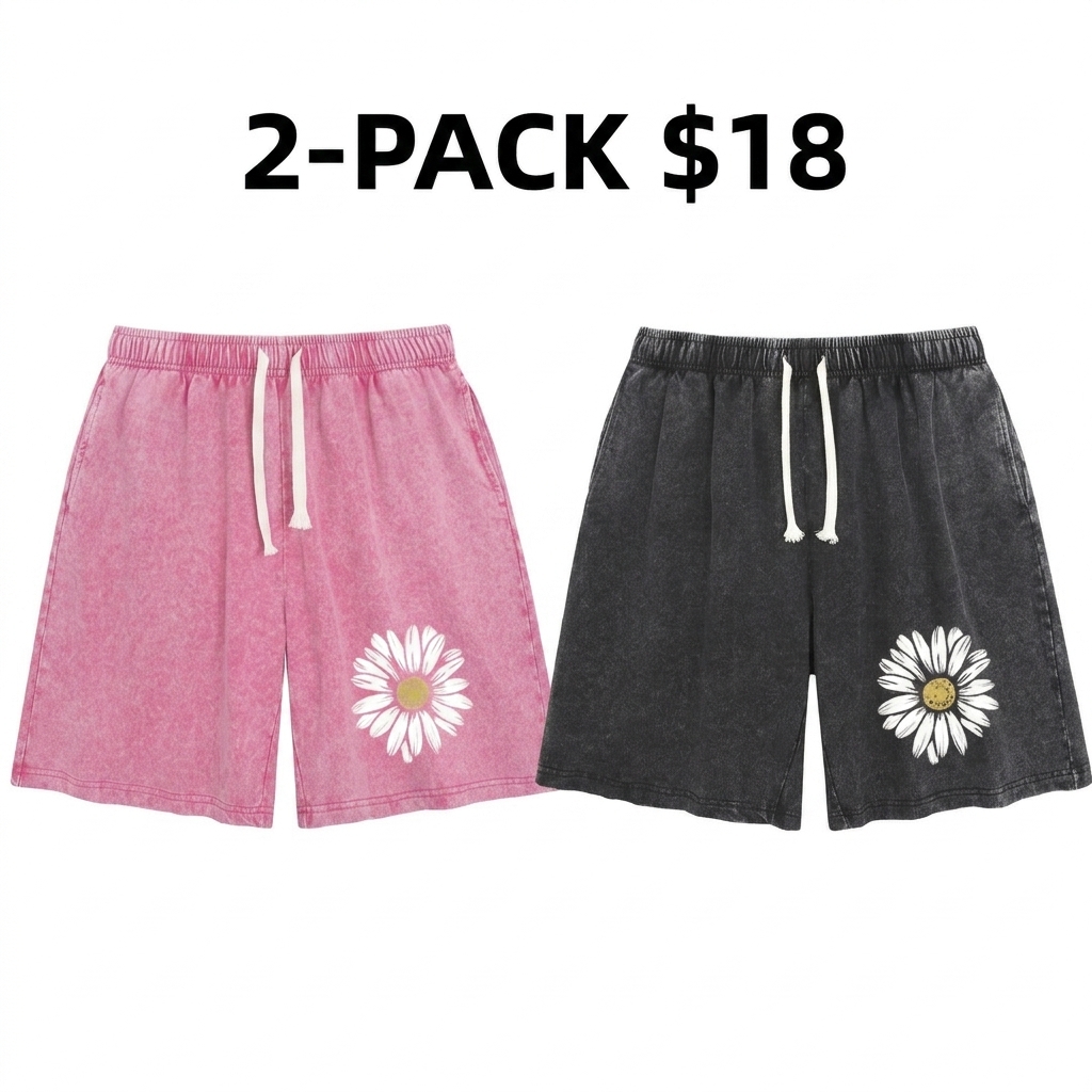 Summer Vintage Printed Acid Wash Sweat Shorts, Unisex Casual Streetwear Bottoms with Drawstring and Convenient Pockets baggy comfy