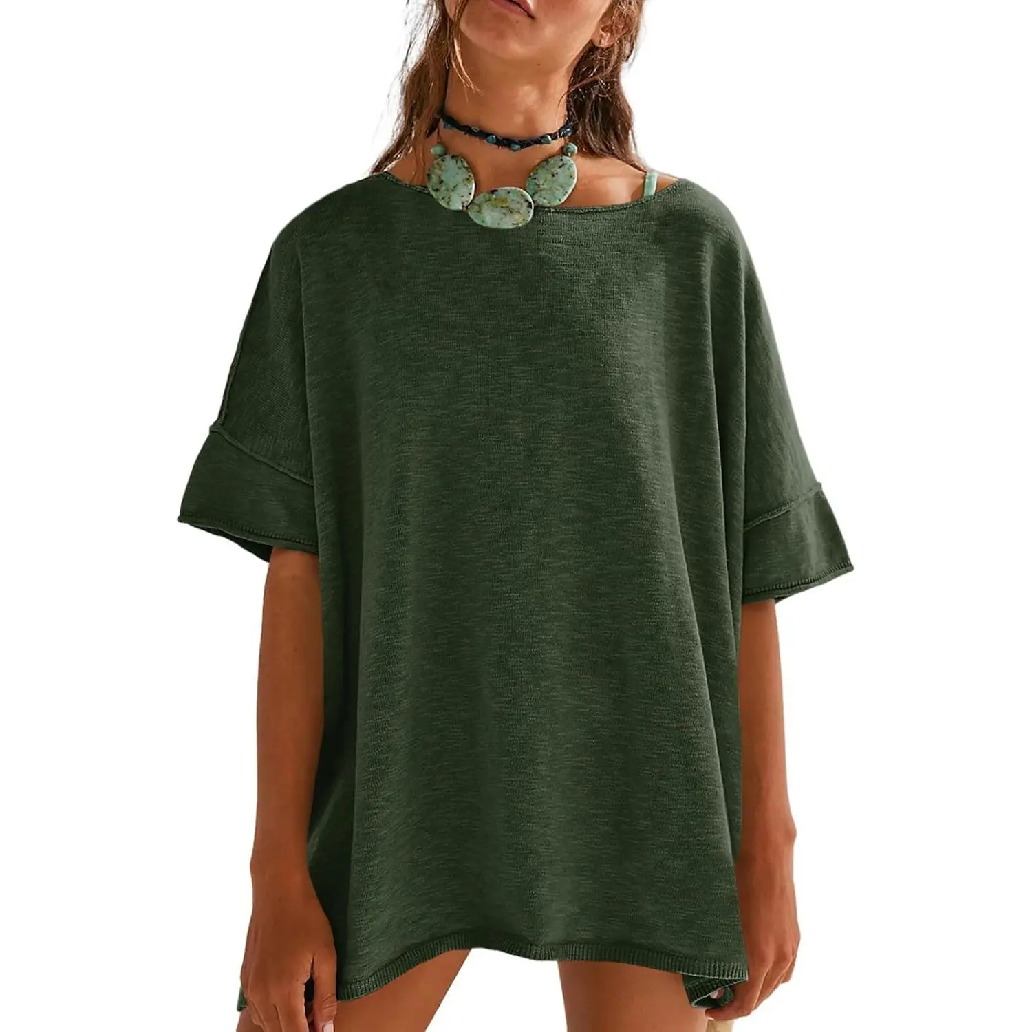 Women's Loose-Fit T-Shirt – Casual Summer Crew Neck Drop-Shoulder Short-Sleeve Top with Side-Slit Hem
