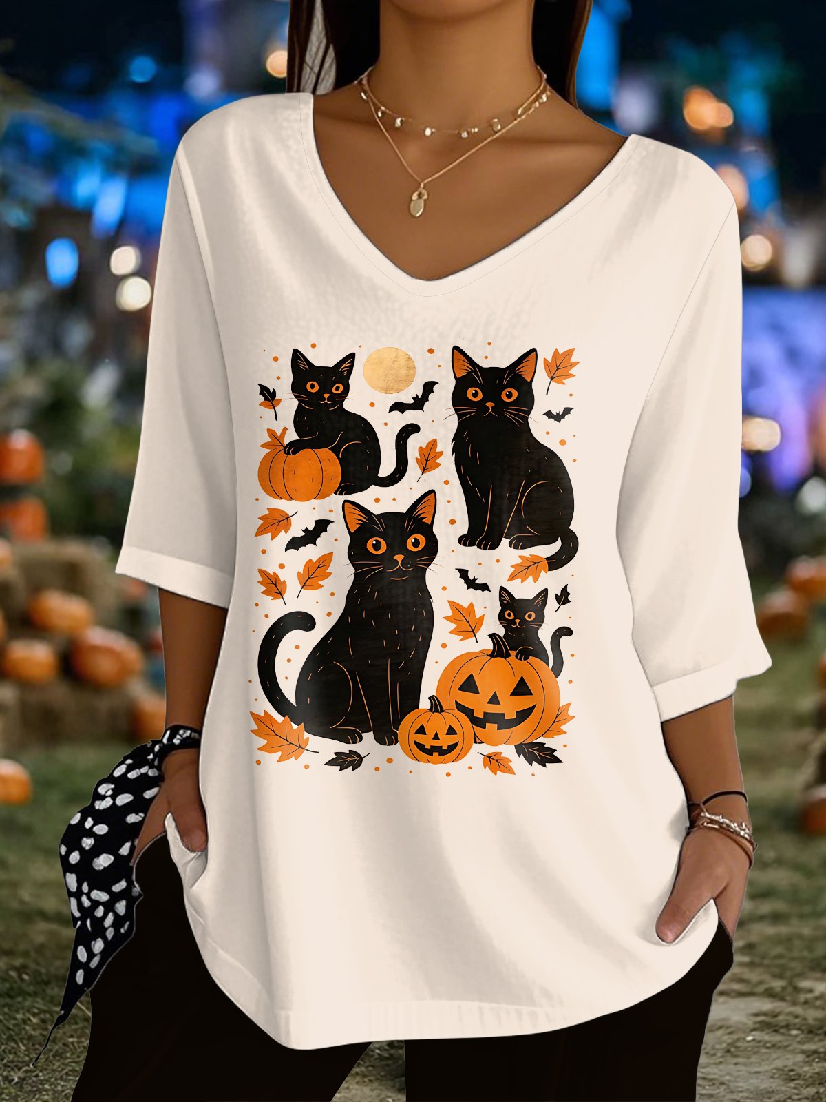 Women's Halloween Black Cat And Pumpkin Print Top