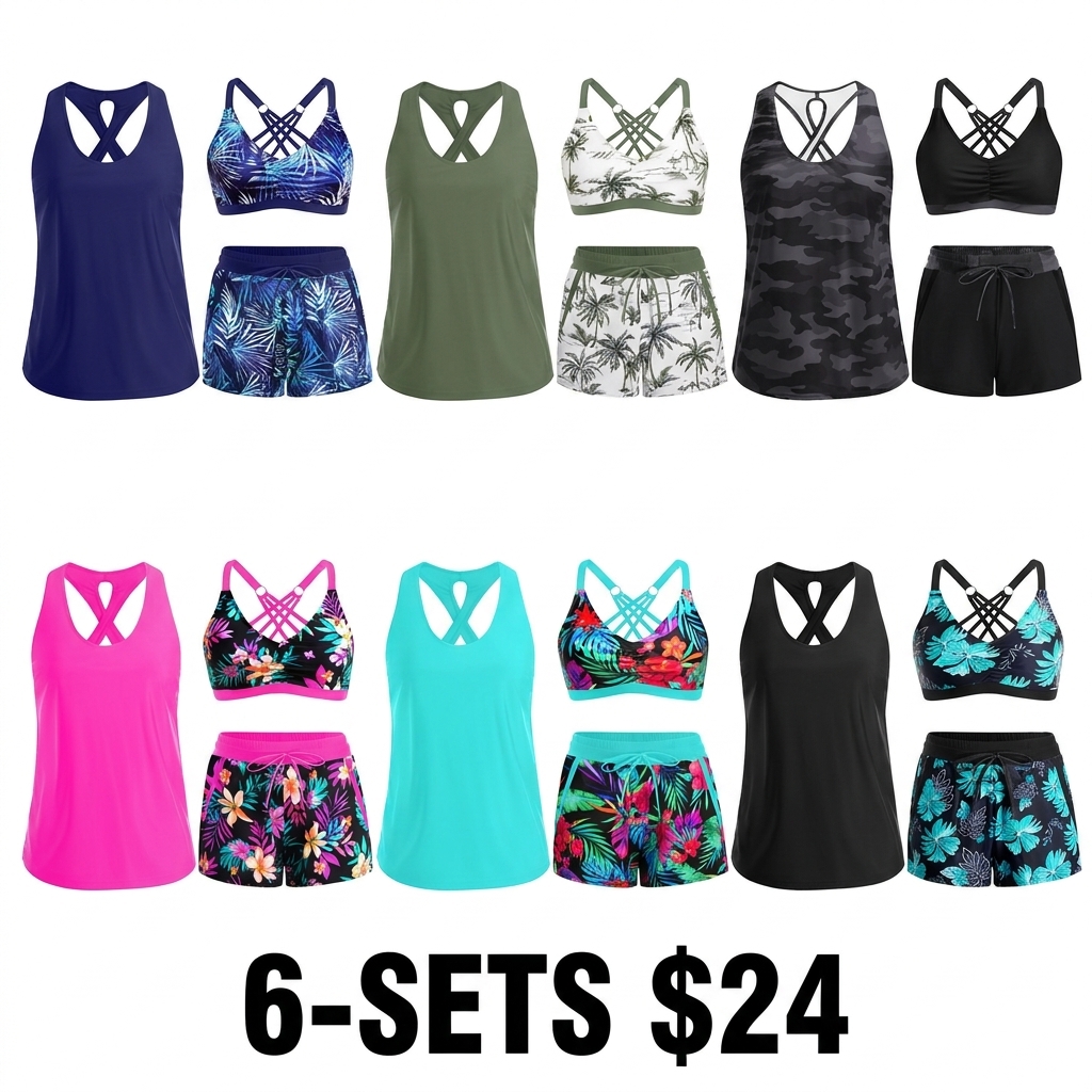 Women's 3-Piece Tankini with Swim Shorts – Modest Athletic Bathing Suit with Pockets
