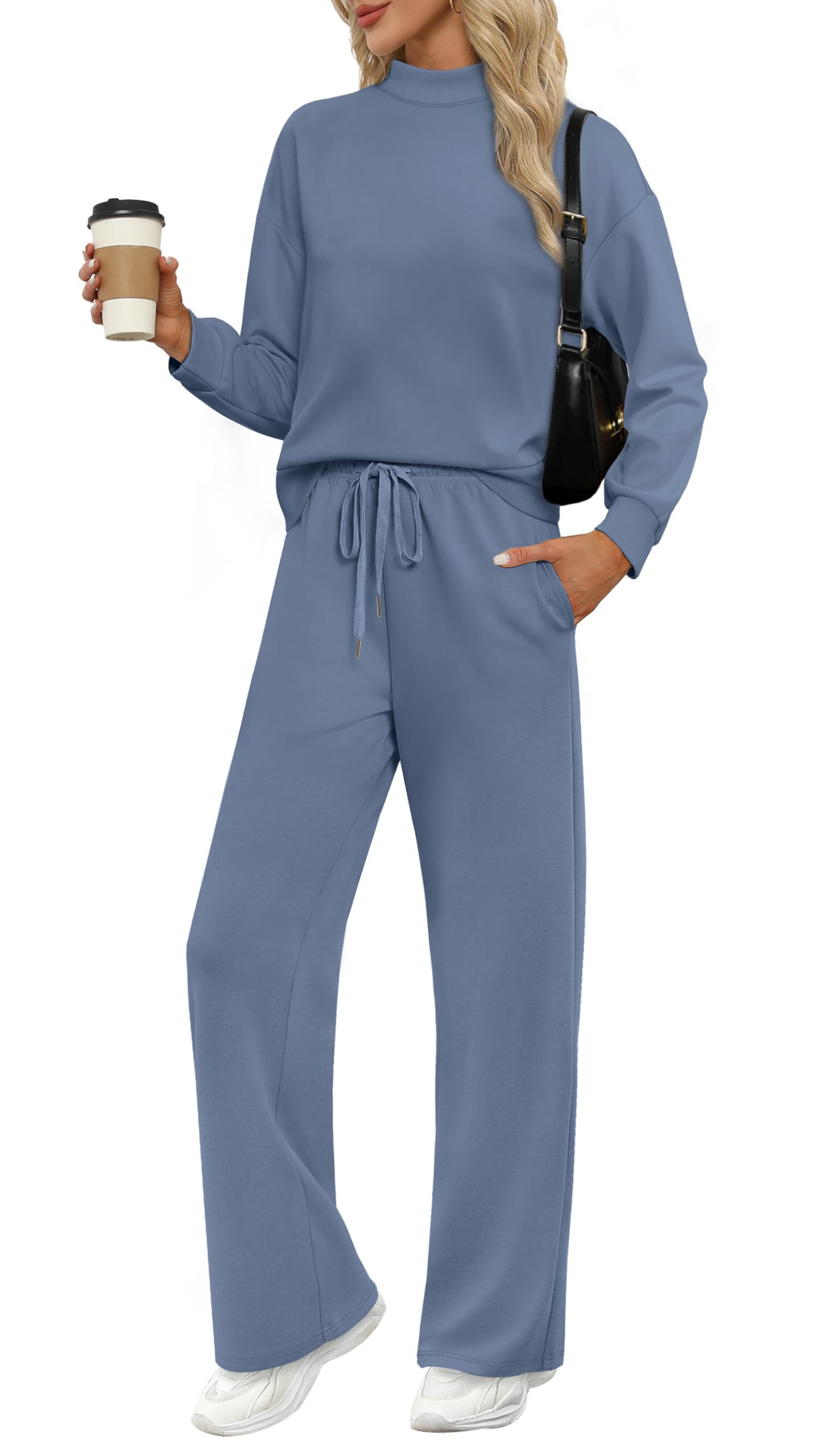 WIHOLL Two Piece Sets for Women Fall Outfits Lounge Sets Mock Neck Tops Wide Leg Pants Vacation Travel Airport Outfits
