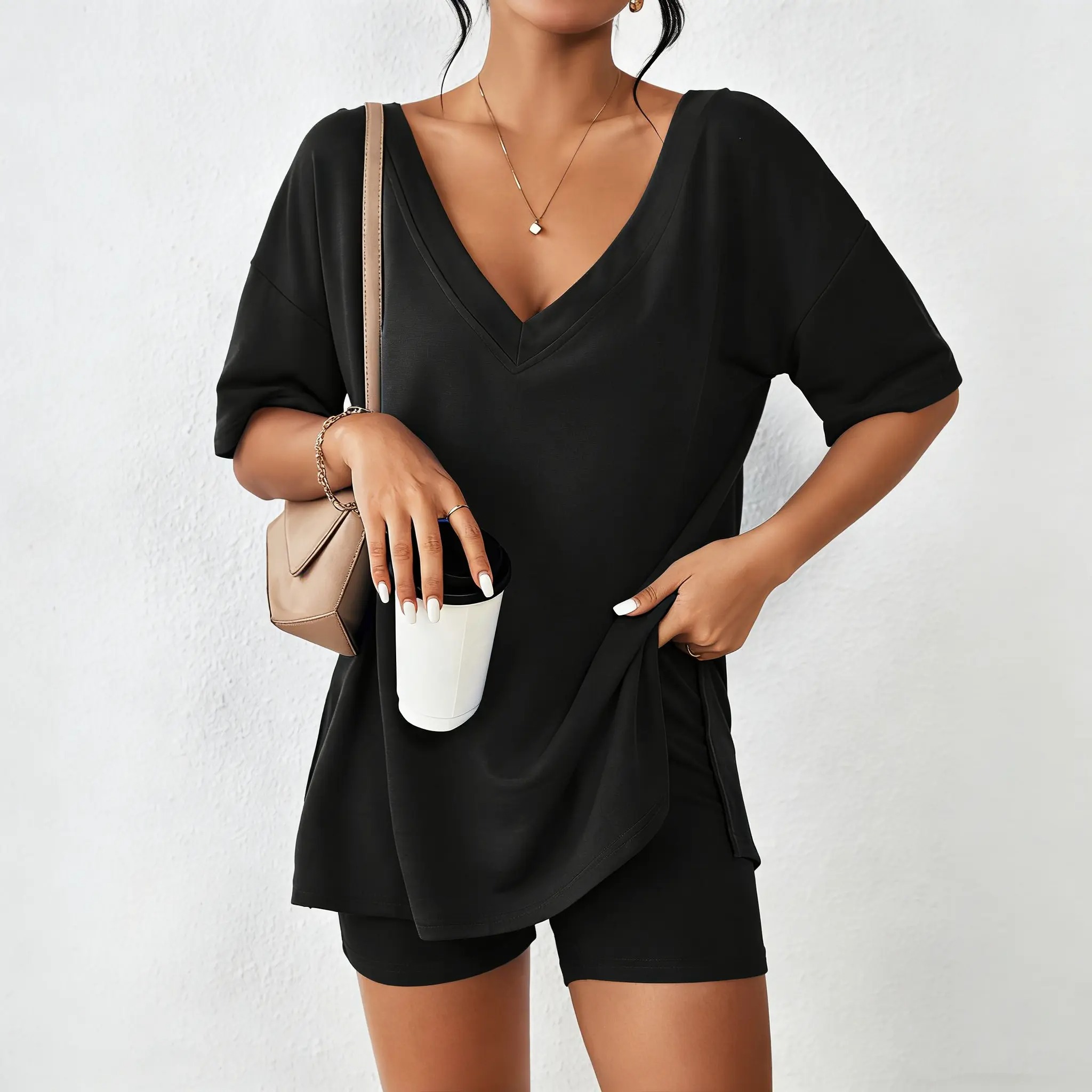 Women's V-Neck 2-Piece Loungewear Set Oversized Split Hem Top & High Waist Biker Shorts Casual Soft Pajamas