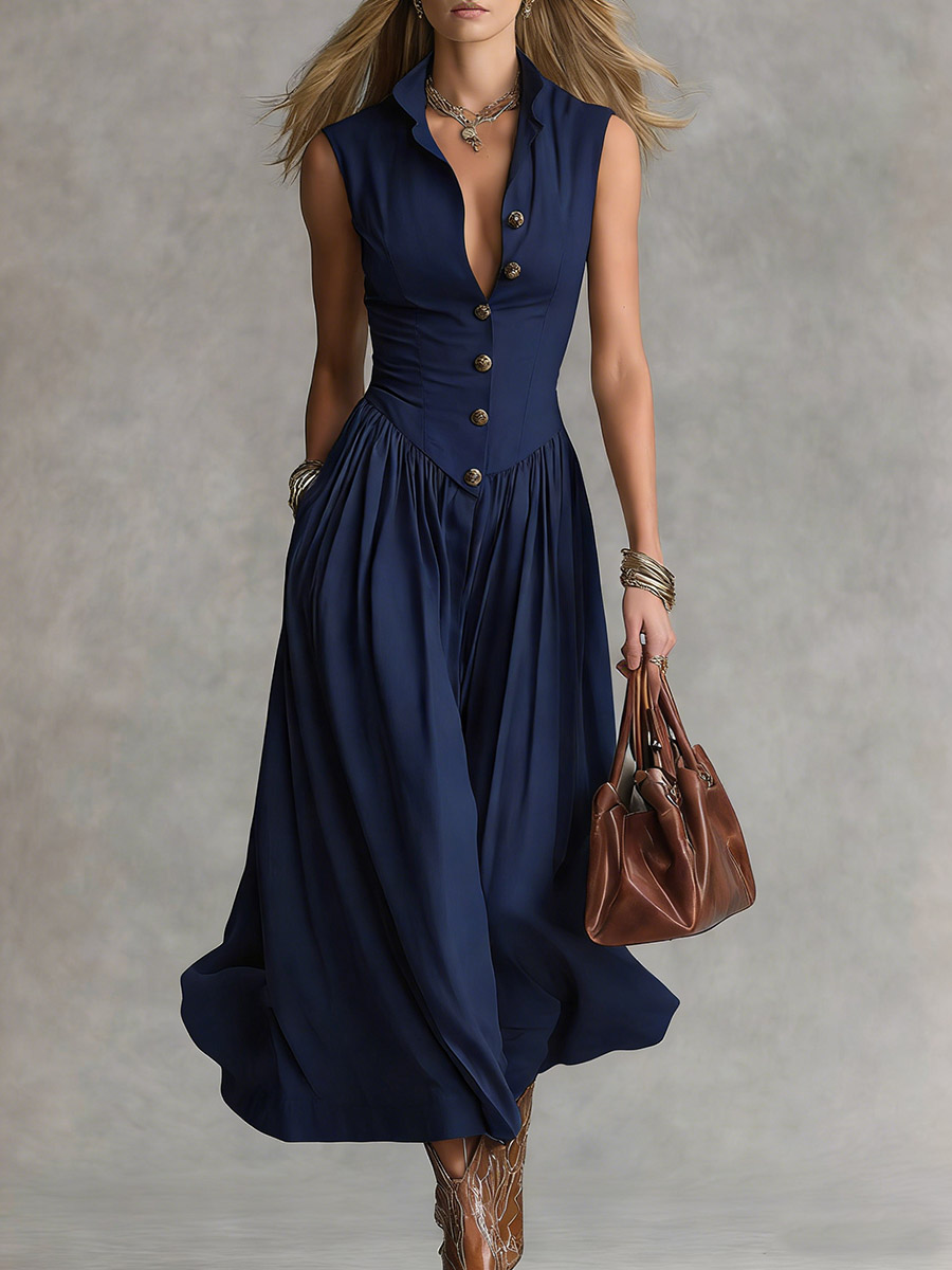 Women's Solid Color Collared Sleeveless Casual Loose Cotton Linen Dress