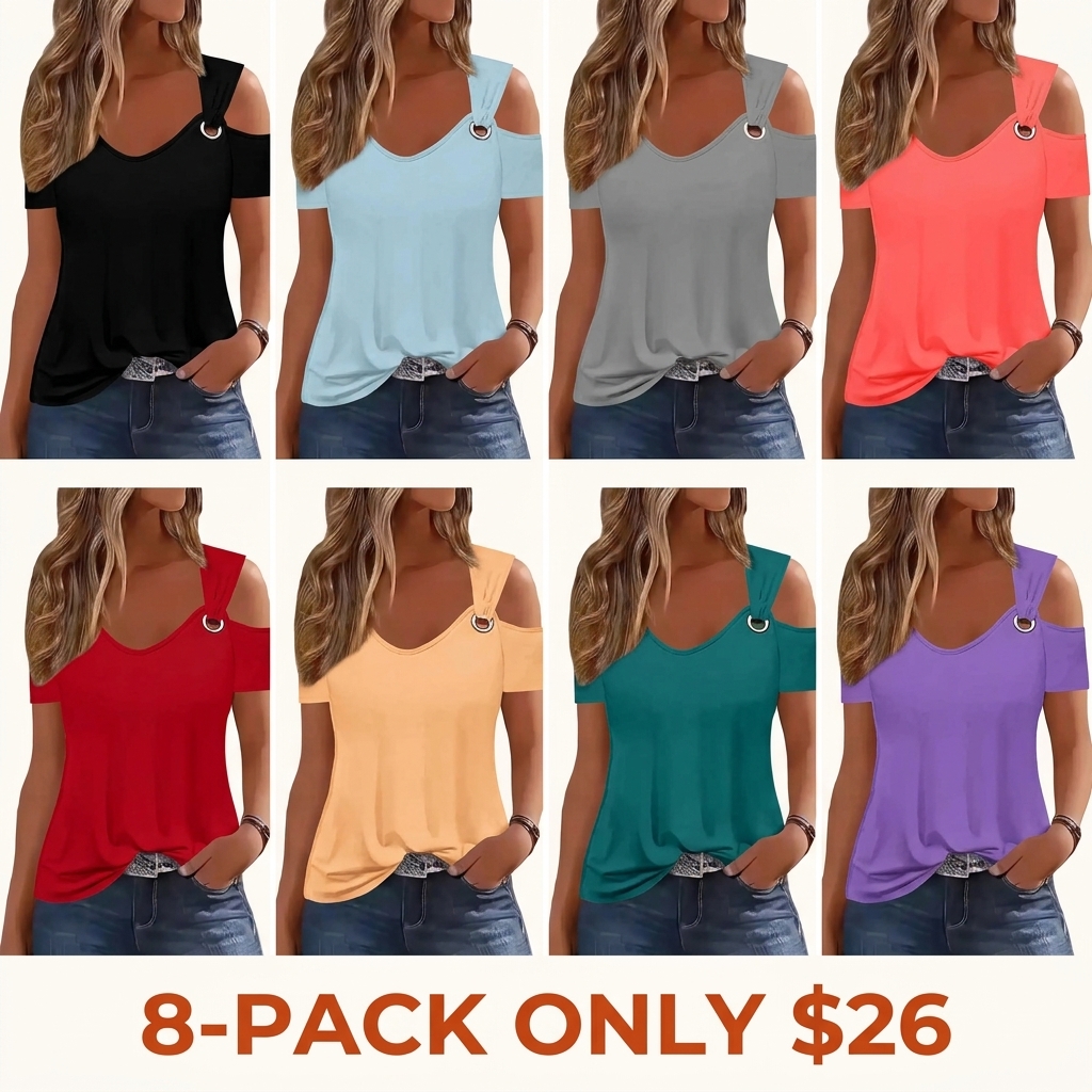 Women's Summer V-Neck Short Sleeve Casual Fashion Slim-Fitting Top, Large Eyelet Hollow Out Design