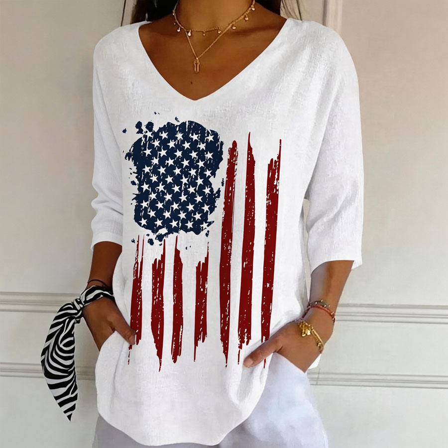 Women'S Flag Printed Casual V-Neck T-Shirt