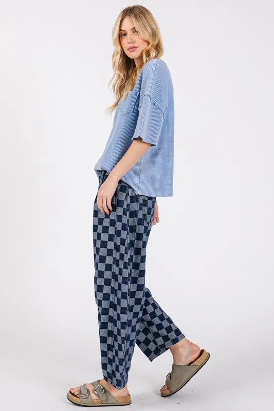 Barrel Style Leg Checkered Print Jeans