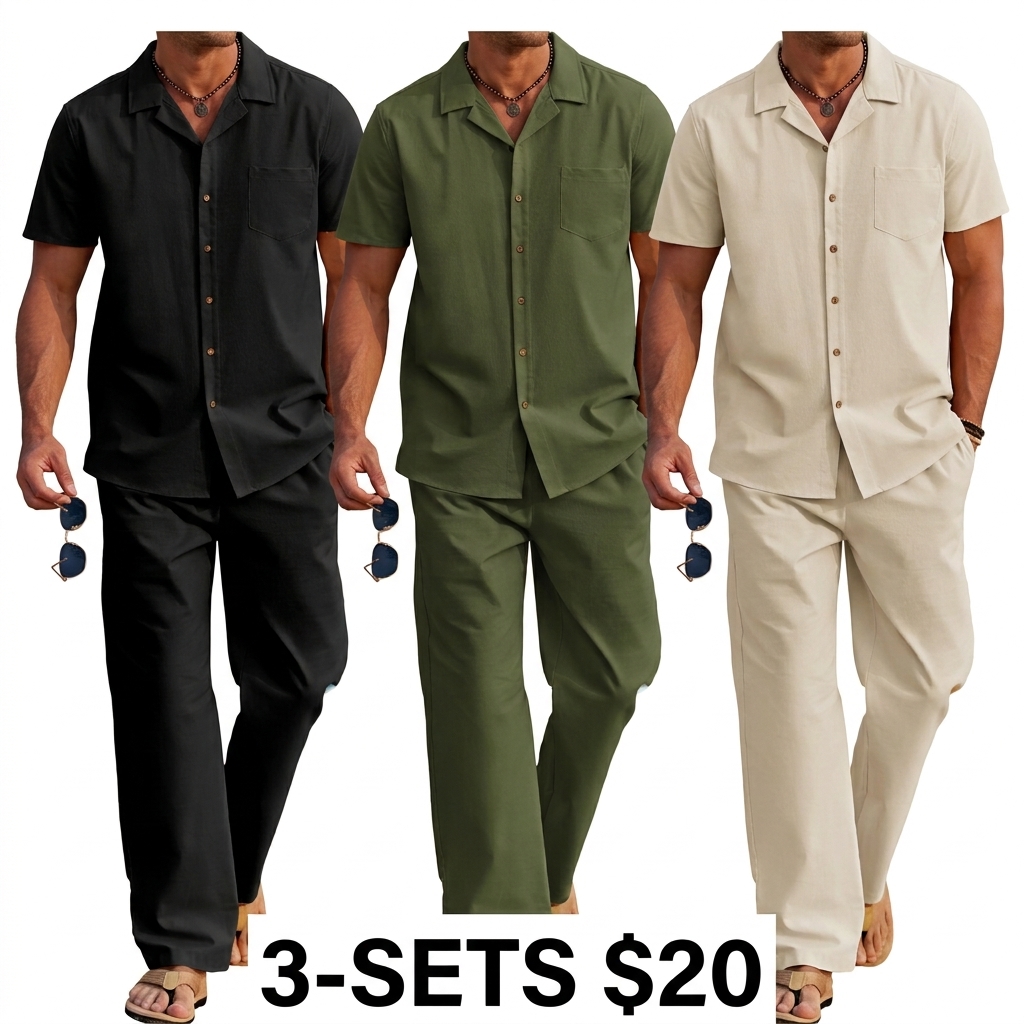 Men's 2-Pack Linen Beach Set – Camp Collar Button Down Shirt & Loose Drawstring Pants, Breathable Summer Outfit