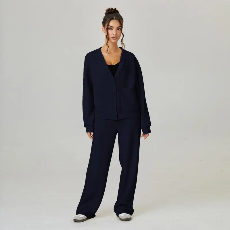 Women's Slouchy Solid Color V Neck Long Sleeve  & Drawstring Waist Trousers Co-ord