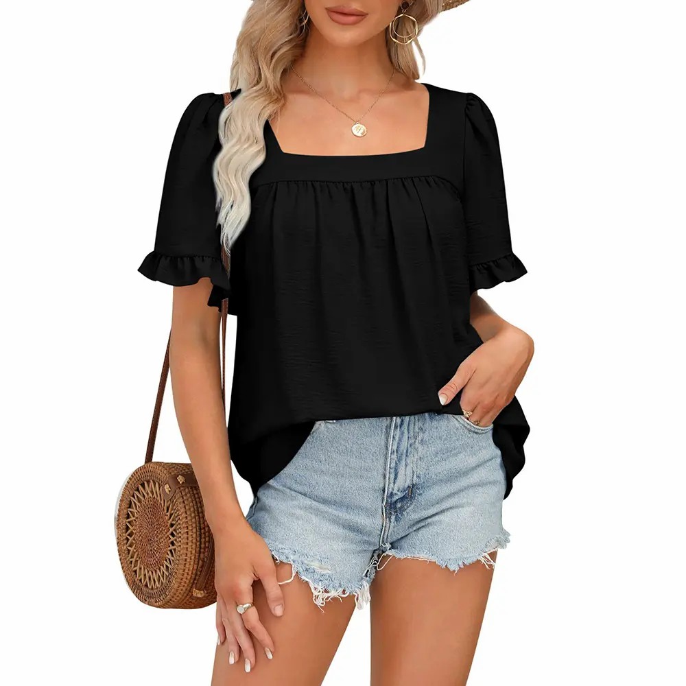 Women's Square Neck Peplum Blouse – Whimsical Ruffle Sleeve Cottagecore Top