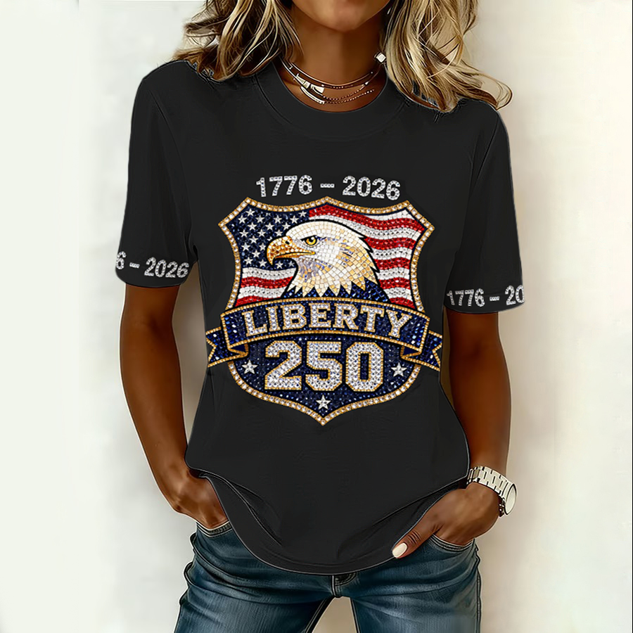 Ladies' Casual American Celebration Brick Lined Round Neck Short Sleeved T-Shirt