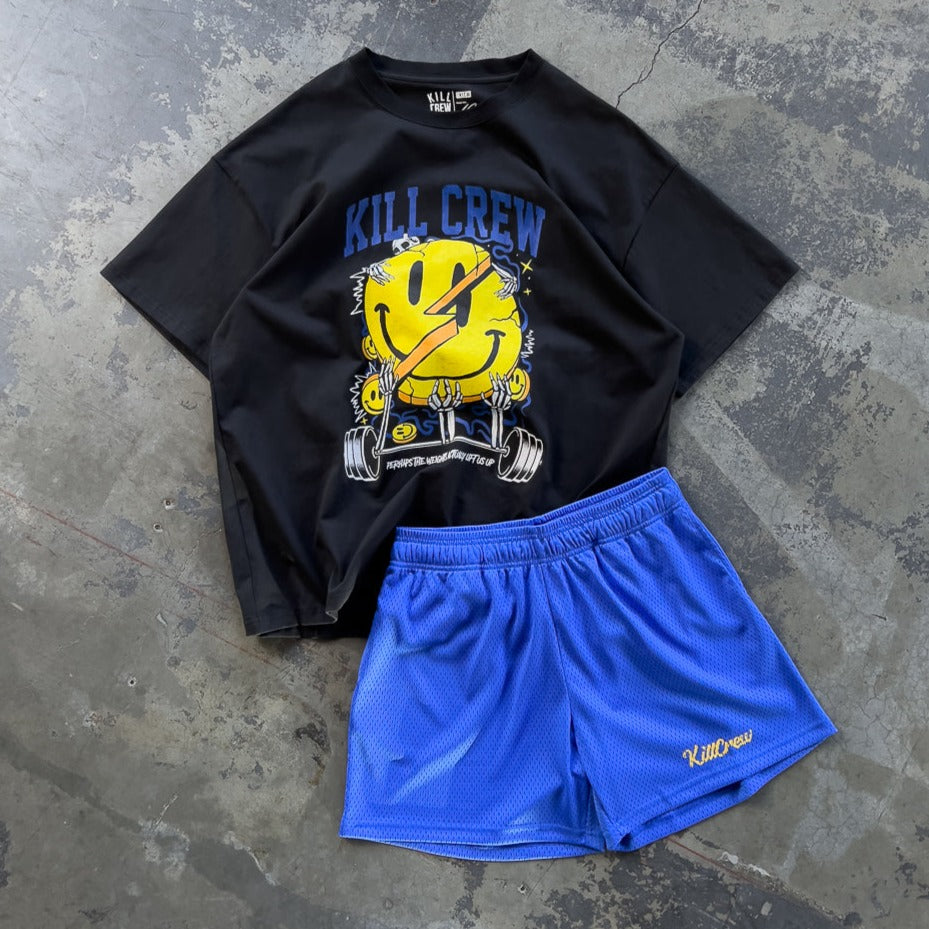 VENTED MESH SHORTS SCRIPT - BLUE / GOLD