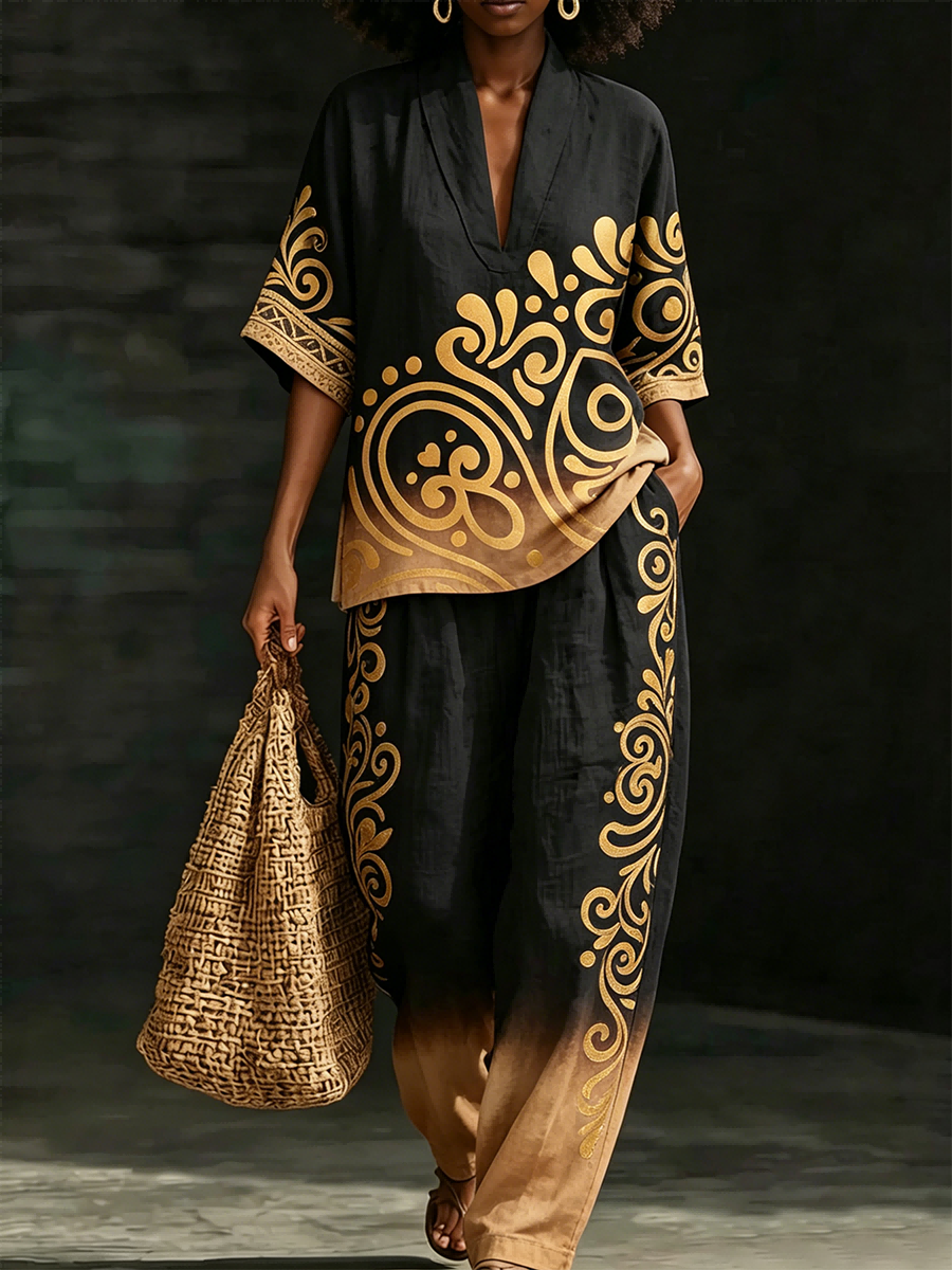 Women's Tribal-Style Artistic Print Two-Piece Set