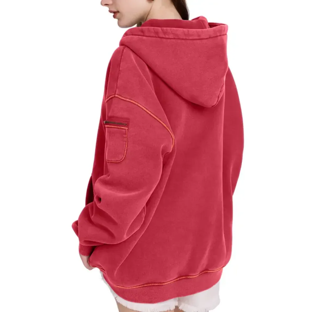Unisex Vintage Acid Washed Half Zip Fleece Hoodie