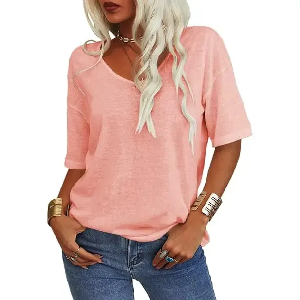 Women Soft V Neck Tshirt Half Sleeve Lightweight Solid Color Loose Fit Minimalist Top