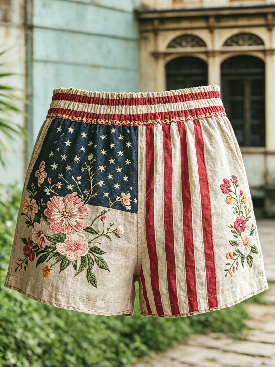 Women's Independence Day Floral And Flag Print Casual Shorts