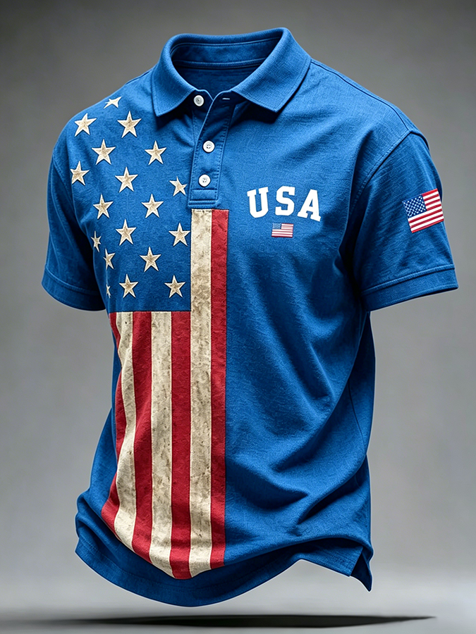 Men'S Casual USA Commemorative Embroidered Printed Lapel Shirt