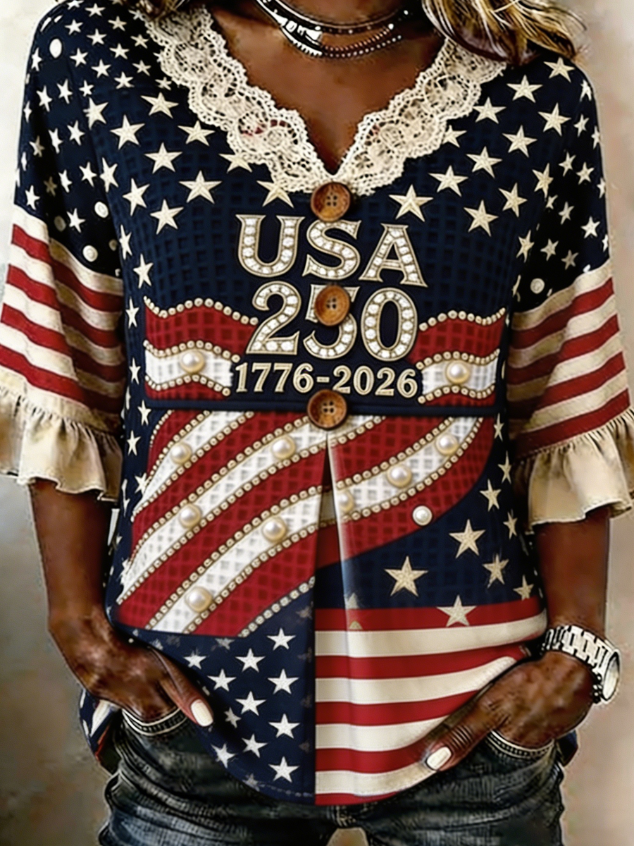Women's casual American 250th anniversary printed top