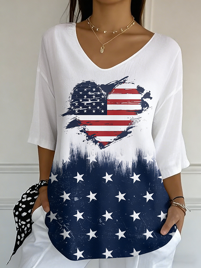 Ladies' Casual American Flag Print V-Neck Half Sleeved T-Shirt