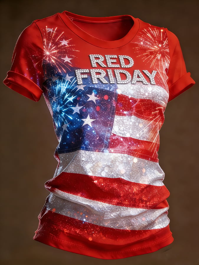 Women's Casual Red Friday Print Short-Sleeve T-Shirt
