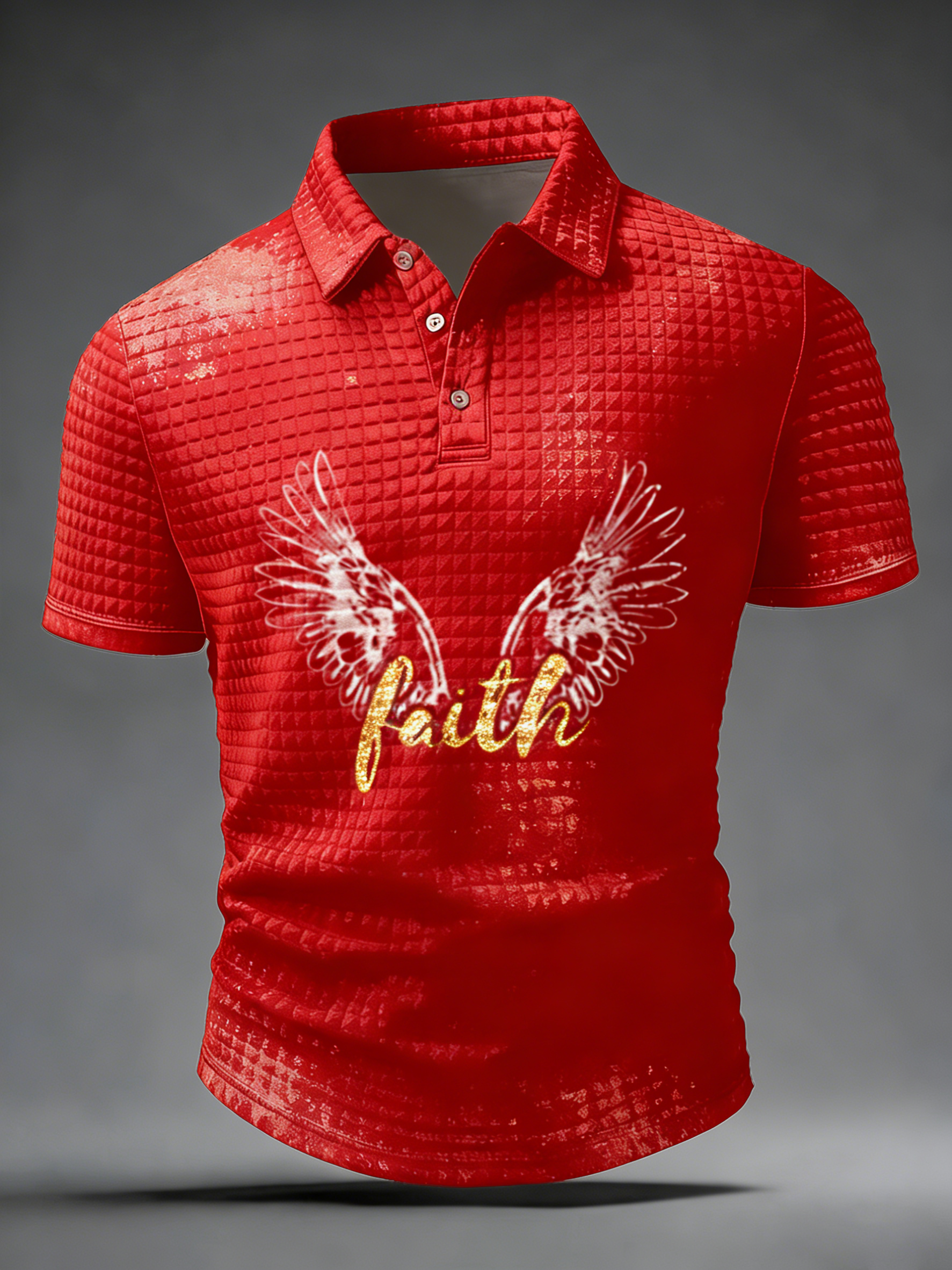Vintage Distressed Gold Faith Angel Wings Short Sleeve Polo