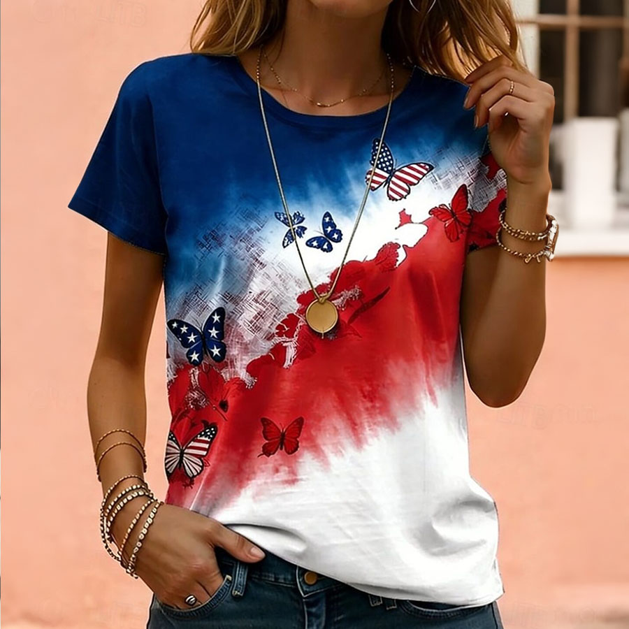 Women's Retro American Independence Day Commemorative Printed Round Neck Short Sleeve T-shirt