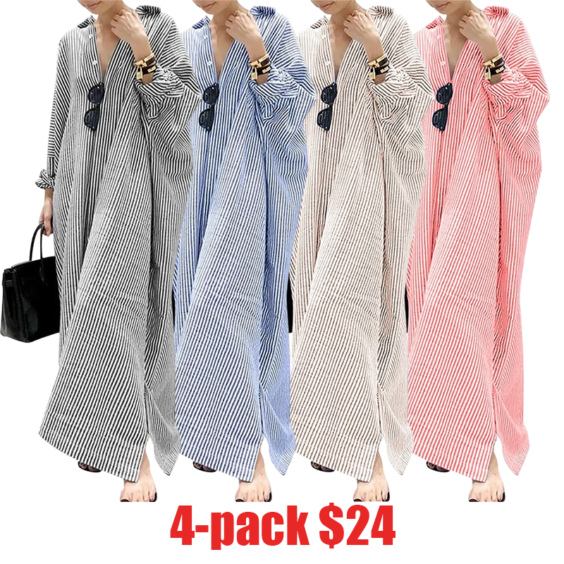 Women's Casual Long Sleeve Button Down Loose Striped Cotton Maxi Shirt Dress – Batwing Sleeves Breathable Lightweight Beach Caftan