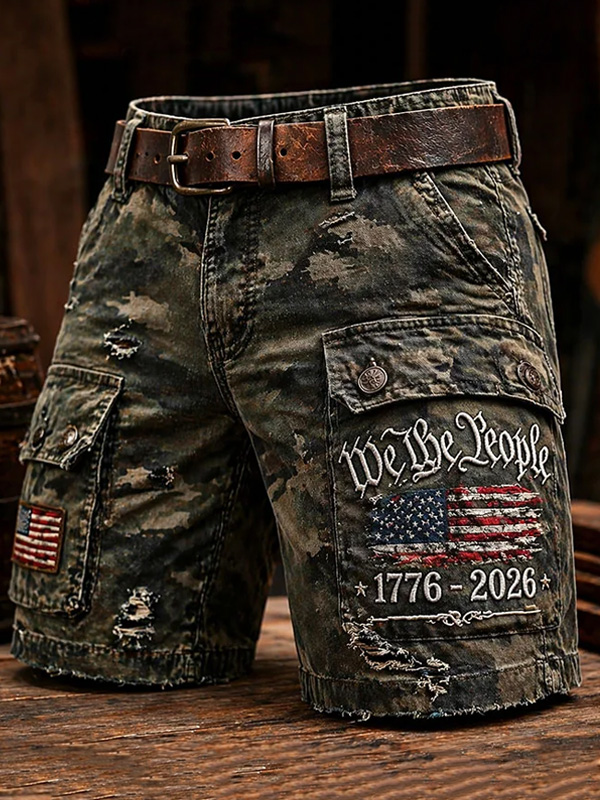 Men's We The People 1776-2026 Distressed Camo American Flag Art Print Casual Shorts