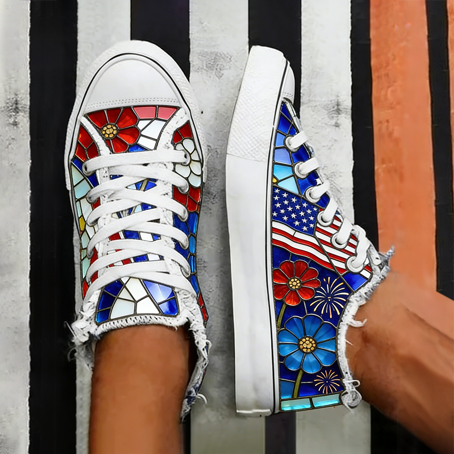 Women's Stained Glass USA Flag Floral Firework High Top Canvas Sneakers