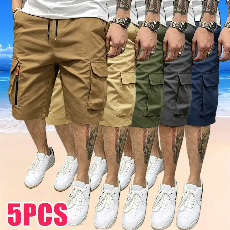 Men's Athleisure Cargo Shorts – Multi-pocket design, elastic drawstring waistband, decorative faux fly
