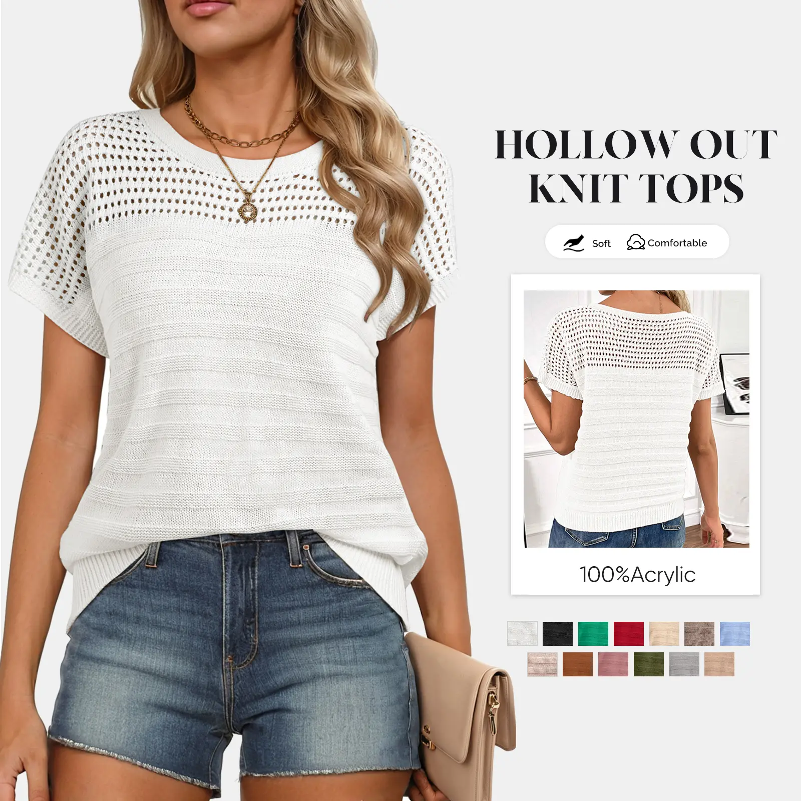 Women's Casual Round Neck Short Sleeve Eyelet Hollow Out Fitted Minimalist White Blouse Cute Tops