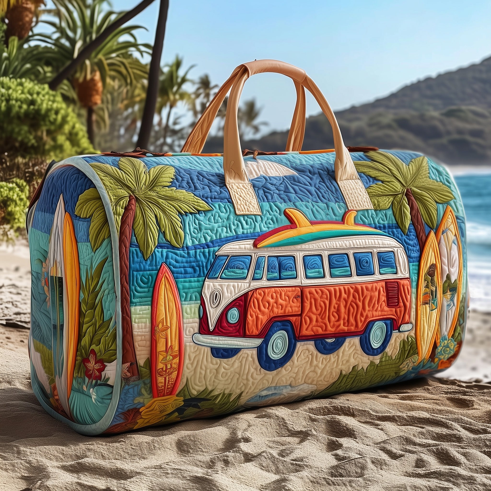 Hippie Van Quilted Duffle Bag – Retro Boho Travel & Weekender Bag