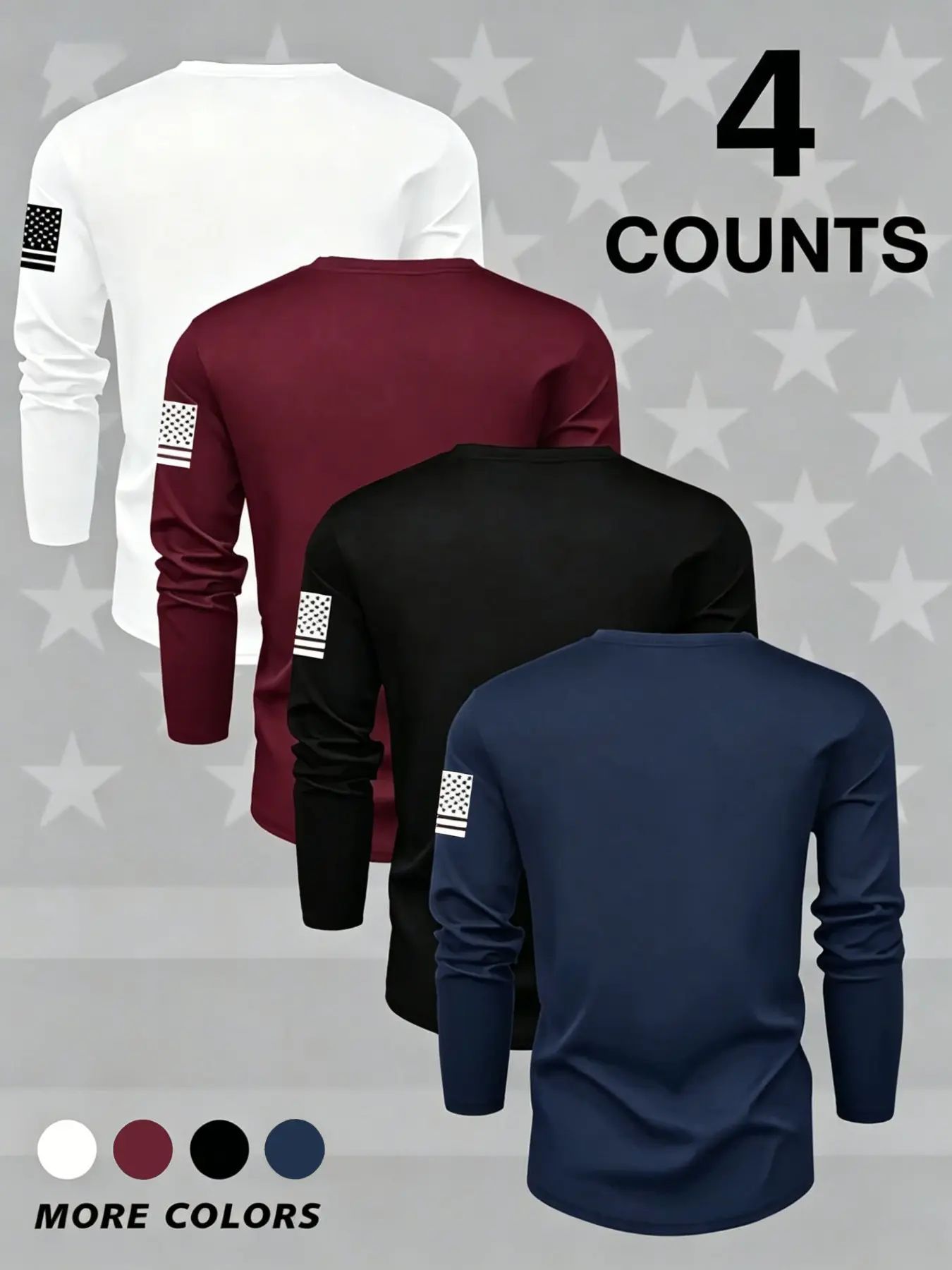 Men's Round Neck Long Sleeve T-Shirts, Casual Knitwear Top, Slight Stretch, Flag Print, Quick Dry, Gym, Running, Outdoor Activities