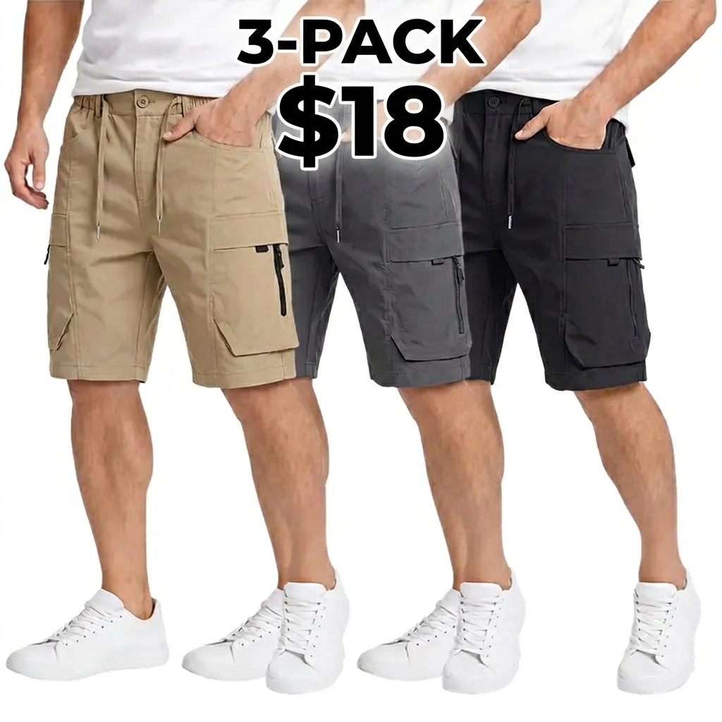 men’s casual cargo shorts with zippered pockets and a buttoned placket