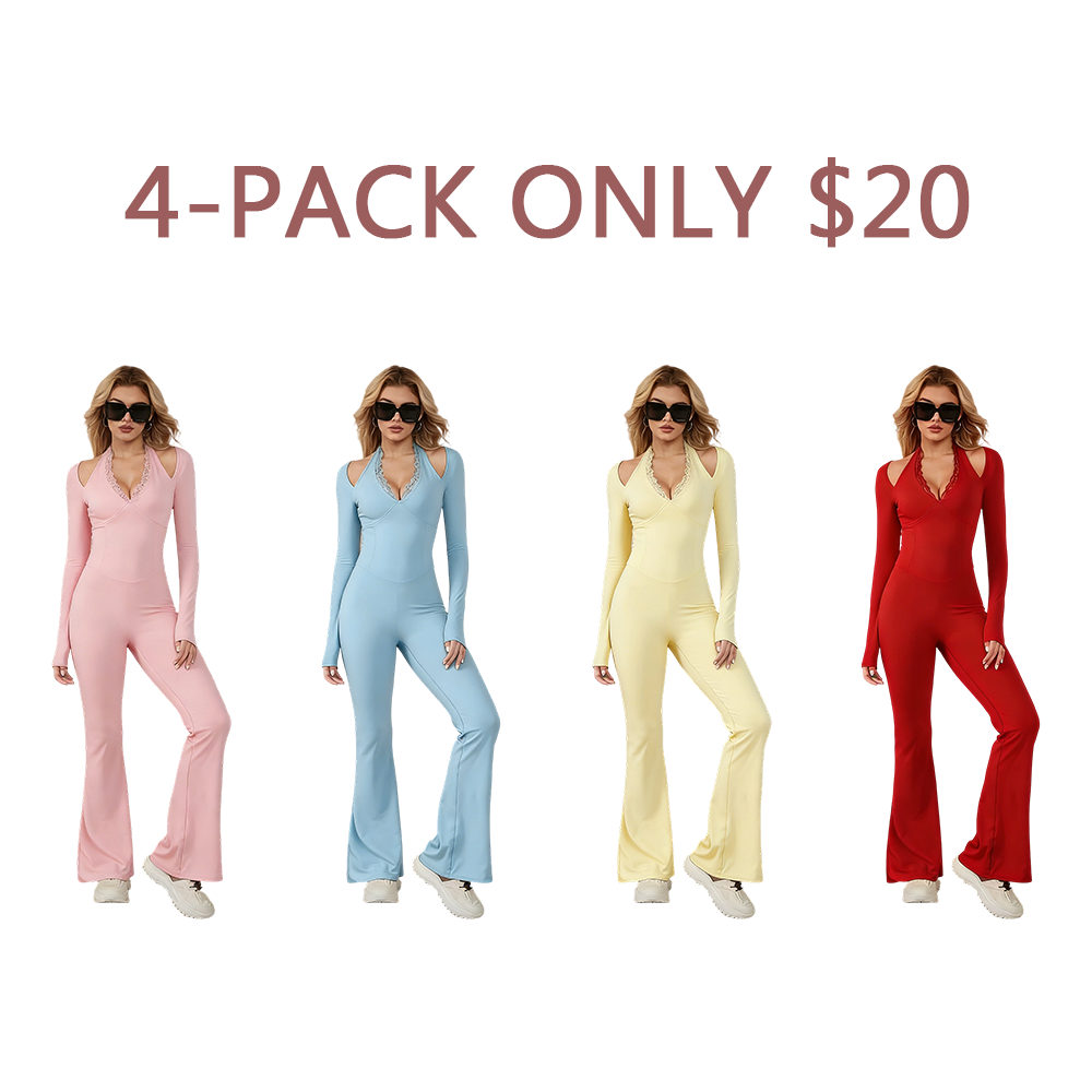 Women's Long-Sleeve Lace-Trim Halter Jumpsuit