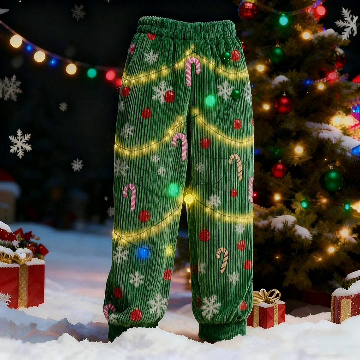 Men's Christmas Lights Candy Cane Print Corduroy Jogger Pants