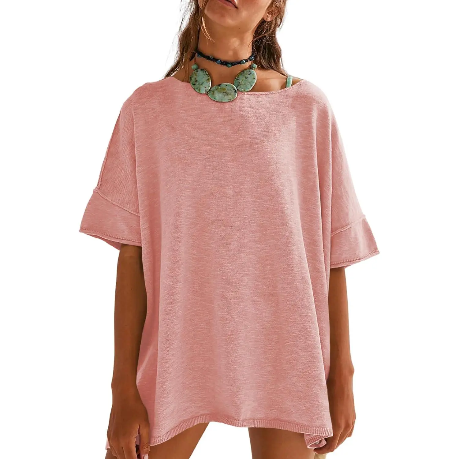 Women's Loose-Fit T-Shirt – Casual Summer Crew Neck Drop-Shoulder Short-Sleeve Top with Side-Slit Hem