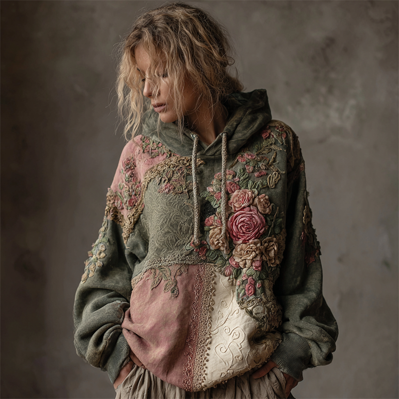 Vintage Pink Roses Floral Embroidered Patchwork Hoodie