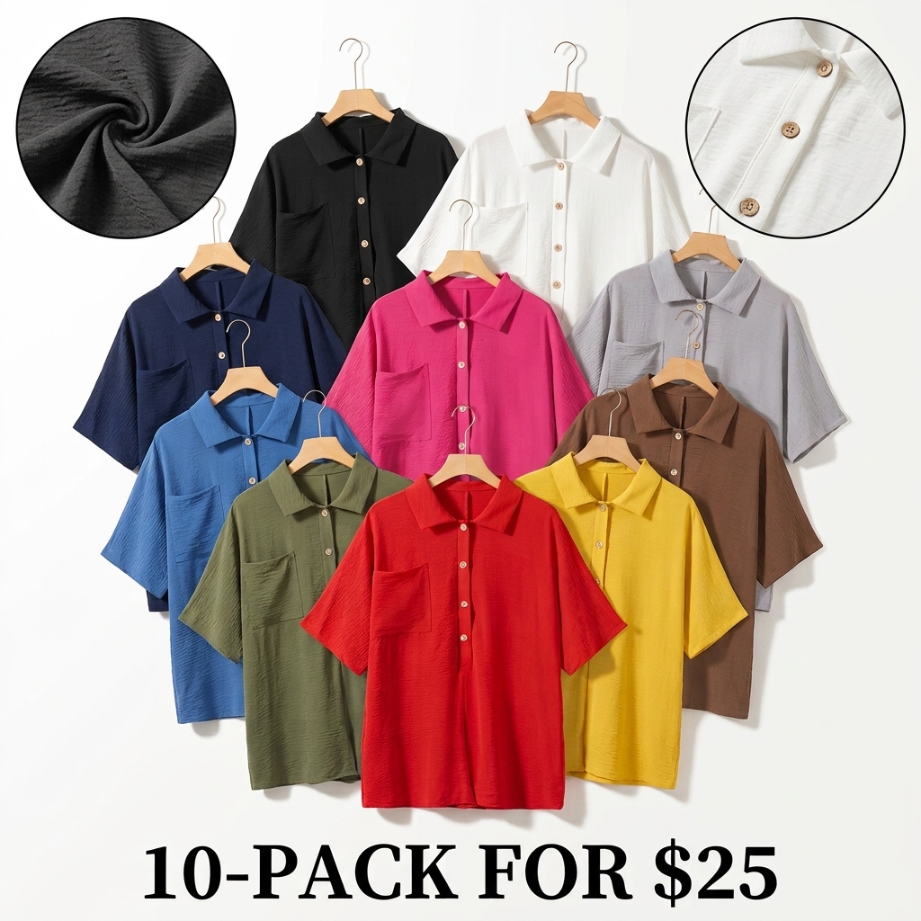 Women’s Minimalist Button Collar Romper – Casual Loose Fit Short Sleeve Pocket Jumpsuit