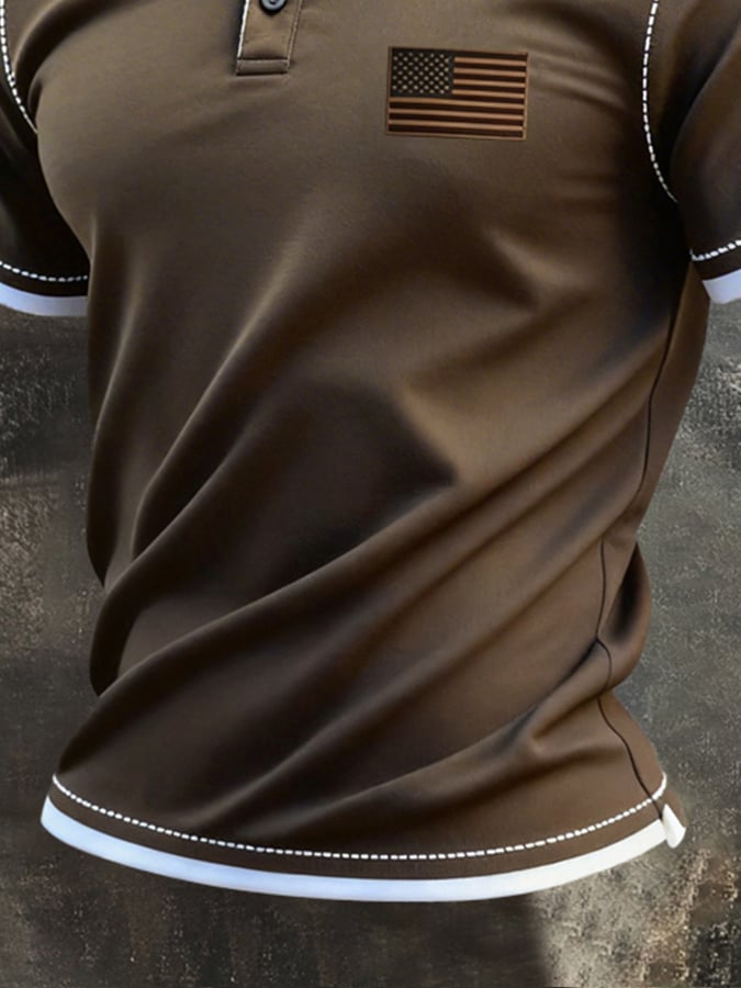 Men's Retro Patriotic Color-Block Short-Sleeve Polo Shirt