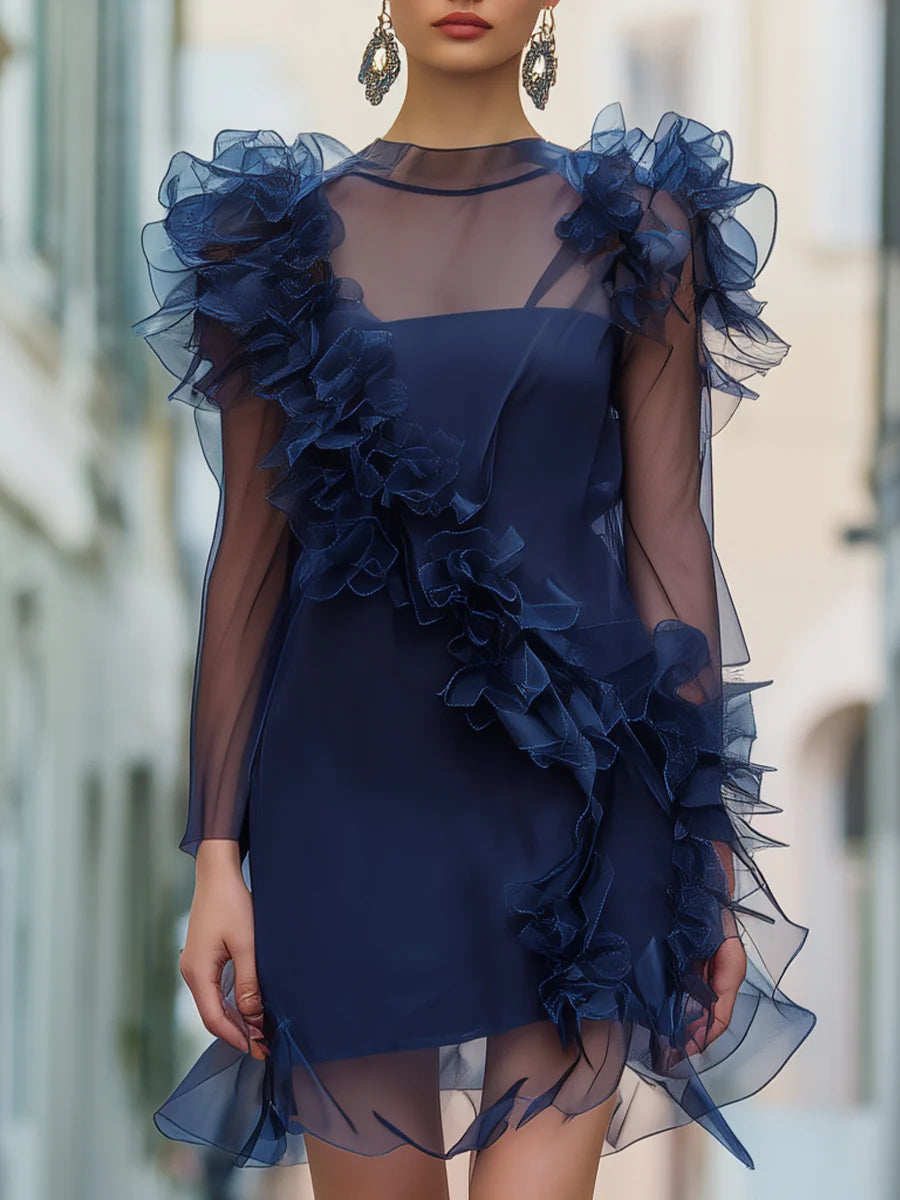 Midnight Blue Organza Ruffle Mini Dress