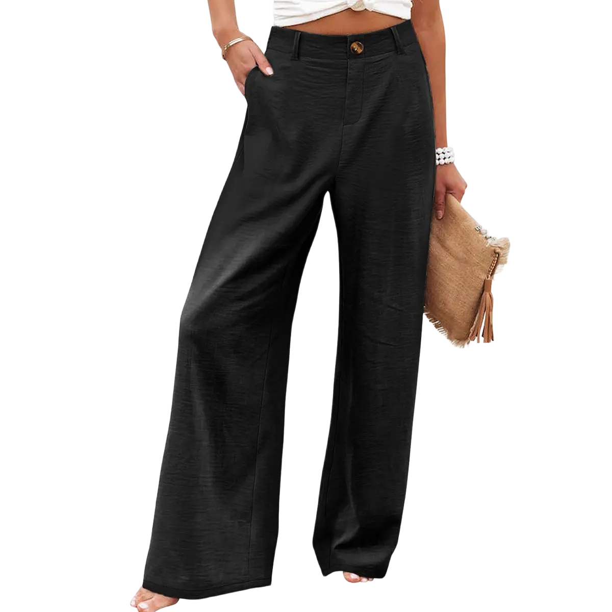 Kingapril Womens Cotton Linen Pants Casual Button Up High Waisted Wide Leg Trousers