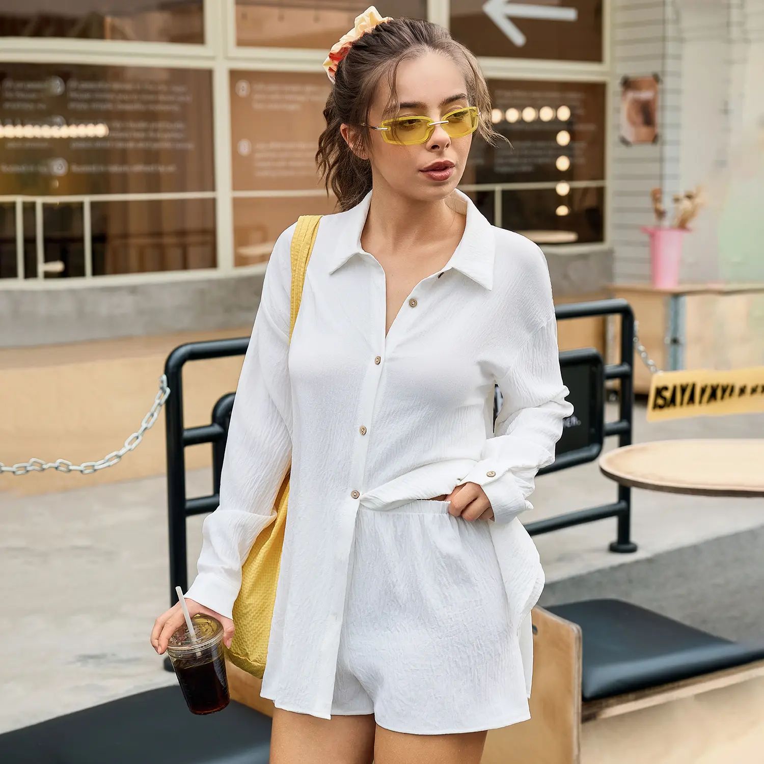 Womens Gauze Shirt & Shorts Set 2-in-1 Button Connected Oversized Long Sleeve Button-Down Top with Attachable Safety Shorts